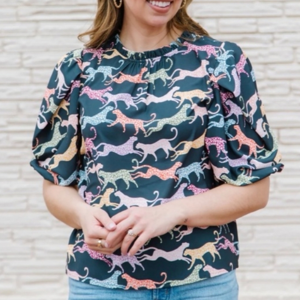 Michelle McDowell Libby Top In Wild Hearts Ash Leopard Animal Print